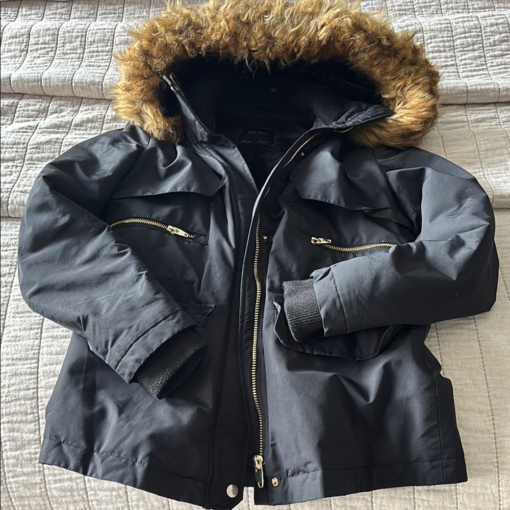 Zara Womens Black Parka with Faux Fur Trim - Size XS